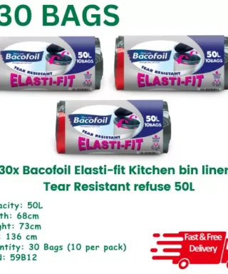 Bacofoil Elasti-fit Kitchen 30 bin liner Tear Resistant 50L x 10 bags, Pack of 3